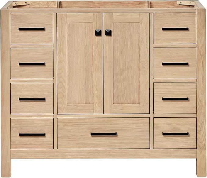 ARIEL Cambridge 42-inch Bathroom Vanity Base Cabinet,Solid Wood, 2 Soft Closing Doors, 9 Dovetail Drawers, White Oak