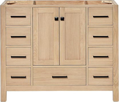ARIEL Cambridge 42-inch Bathroom Vanity Base Cabinet,Solid Wood, 2 Soft Closing Doors, 9 Dovetail Drawers, White Oak