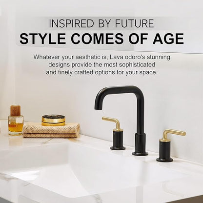 Black and Gold Bathroom Faucet, Modern Bathroom Faucet | 8 inch Widespread Bathroom Faucet 3 Hole with Drain Assembly Supply Line, Solid Brass Lead-Free Vanity Faucet, BF503-GB