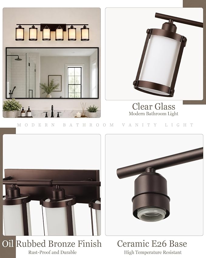6-Light Oil Rubbed Bronze Bathroom Light Fixtures Over Mirror with Frosted Milk Glass and Metal Cage Shade, 42" UL-Listed Modern Farmhouse Wall Sconce for Bath, Hardwire E26, OS-3014ORBW-6W