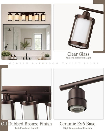 6-Light Oil Rubbed Bronze Bathroom Light Fixtures Over Mirror with Frosted Milk Glass and Metal Cage Shade, 42" UL-Listed Modern Farmhouse Wall Sconce for Bath, Hardwire E26, OS-3014ORBW-6W