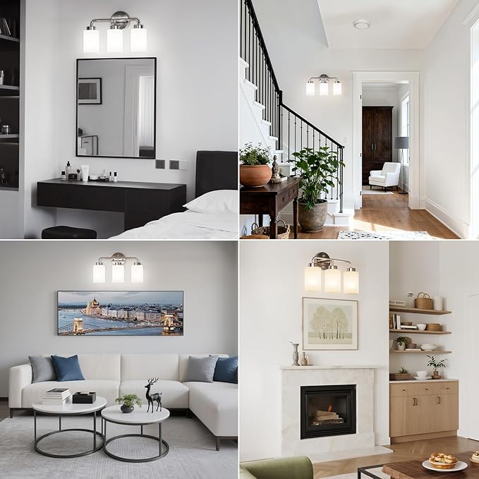 SUNMORY Bathroom Light Fixtures with 3 Stepless Dimmable Bulbs and Remote, 3-Light Modern Vanity Lights with Frosted Glass Shades, Bathroom Wall Lamp for Over Mirror Kitchen Living Room Hallway Porch