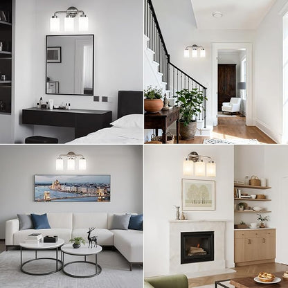 SUNMORY Bathroom Light Fixtures with 3 Stepless Dimmable Bulbs and Remote, 3-Light Modern Vanity Lights with Frosted Glass Shades, Bathroom Wall Lamp for Over Mirror Kitchen Living Room Hallway Porch