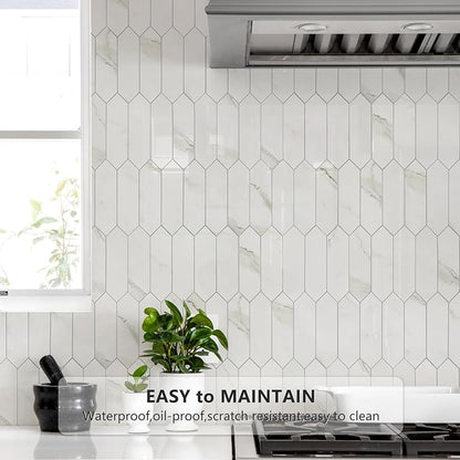 Vamos Tile Glossy White Marble Backsplash Tile Peel and Stick, 12.8 x 12.8 Inch 10 Sheets Long Hexagon PVC Self Adhesive Mosaic Wall Tiles Stick on Backsplash for Kitchen and Bathroom
