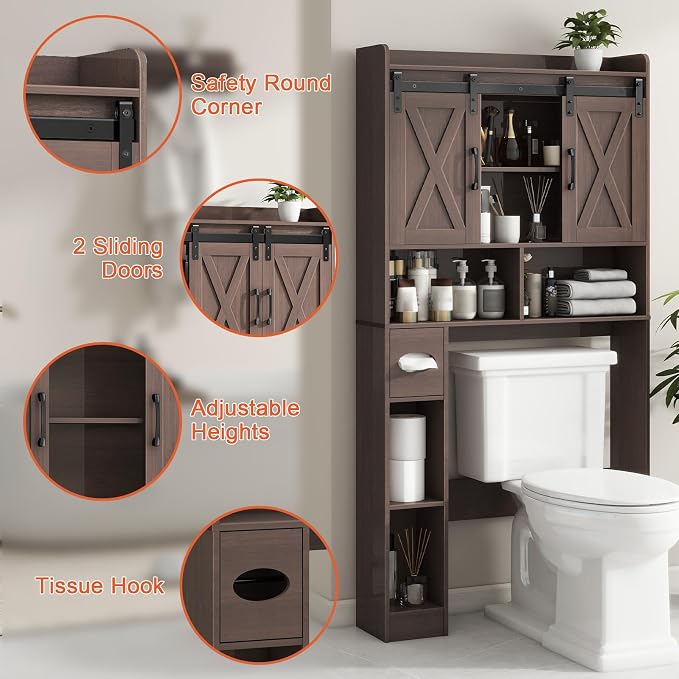 Vabches Over The Toilet Storage Cabinet with Sliding Doors, Espresso | Farmhouse Storage Cabinet Over Toilet, Home Space-Saving Toilet Rack, Toilet Paper Holder Stand,for Restroom,Bathroom,Laundry