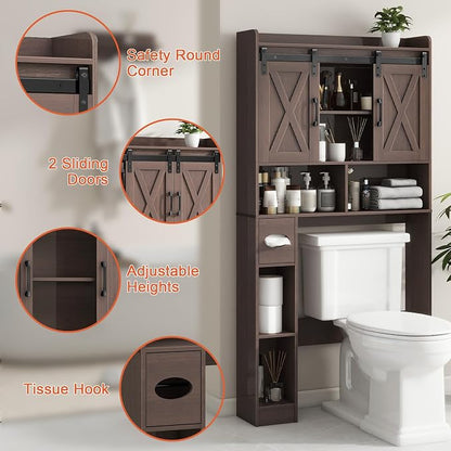 Vabches Over The Toilet Storage Cabinet with Sliding Doors, Espresso | Farmhouse Storage Cabinet Over Toilet, Home Space-Saving Toilet Rack, Toilet Paper Holder Stand,for Restroom,Bathroom,Laundry