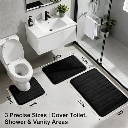 Bathroom Rugs Set Memory Foam Bath Rugs Non-Slip Bath Mat Set 3 Piece,Washable Bathroom Mats,Absorbent Shaggy Rugs Super Soft U-Shaped Toilet Rug,Bahroom Carpets for Bathroom,Tub,Shower（Black）