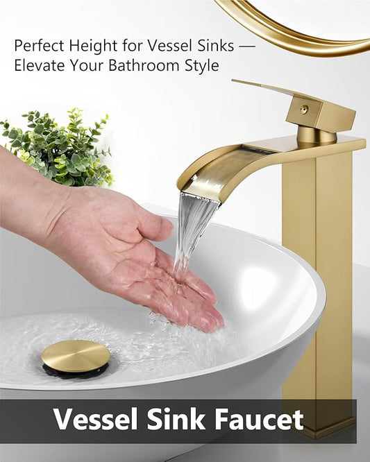 Vessel Sink Faucet Waterfall Tall Bathroom Faucet Single Handle,Single Hole Lavatory Vanity Mixer Tap with Pop Up Drain and Supply Lines,Brushed Gold