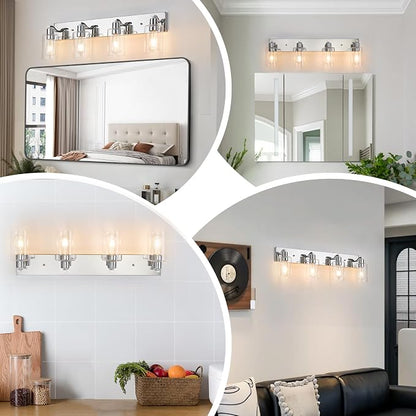 4 Lights Bathroom Light Fixtures Chrome Vanity Light with Clear Glass Shade 30in Modern Bathroom Lighting Fixtures Over Mirror for Bedroom/Living Room