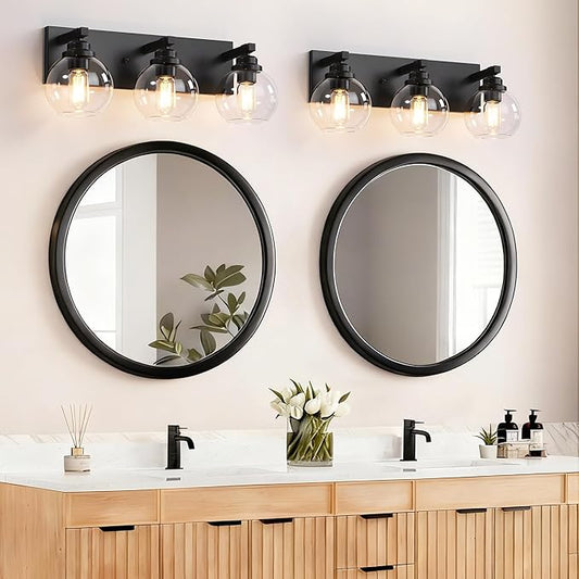 Bathroom Light Fixtures, 3-Light Matte Black Vanity Lights, Modern Bathroom Lighting Fixtures Over Mirror, Farmhouse Vanity Lights with Glass Shade for Living Room, Bedroom, Hallway