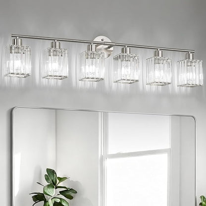 6 Light Bathroom Light Fixtures, Modern Crystal Vanity Lights over Mirror | Metal Frame, Bathroom Light with Square Crystal Shade, ETL Certified, E26 Ceramic Socket, Bulbs Not Included