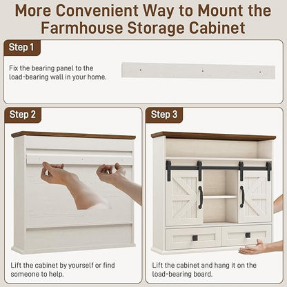 Vabches Bathroom Wall Cabinet, Farmhouse Medicine Cabinet with Double Sliding Barn Door and Storage Drawer, Wooden Vintage Storage Cabinet Wall Mounted for Bathroom, Kitchen, Rustic White and Brown