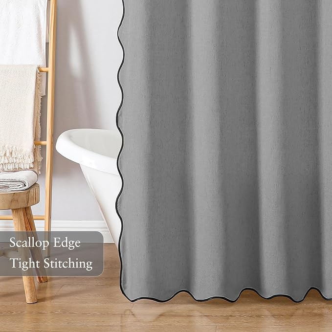 Linen Scallop Shower Curtain with 12 Clear Hooks, Waterproof, 72x78, Grey | Heavy Duty Waterproof Fabric with Black Border, Cute Modern Farmhouse Bathroom Décor