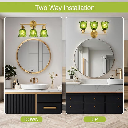 Vintage Bathroom Light Fixtures,3-Light Hardwired Vanity Lights Over Mirror, Brass Wall Lights with Green Tulip Glass Shade for Bathroom Stairway Bedroom Living Room(Bulbs Not Included,E26 Socket)