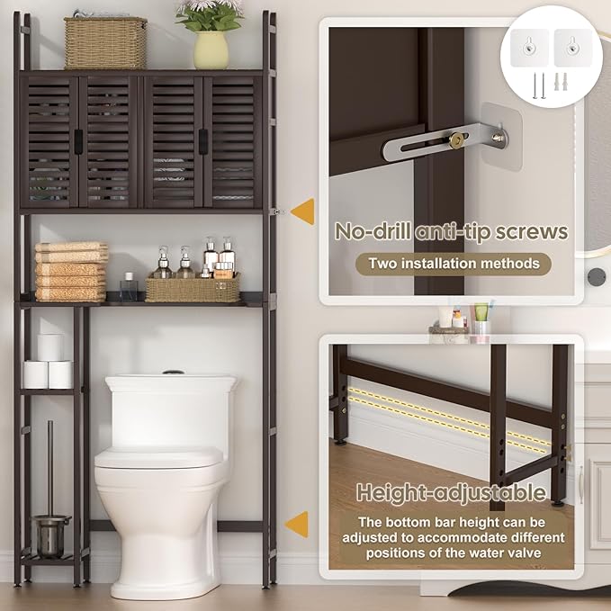 Over The Toilet Storage Cabinet: Bamboo Bathroom Organizer with Paper Holder Stand - Toilet Shelf No-Drill Installation Waterproof Feet - Left/Right Side Mount Space Saver Rack