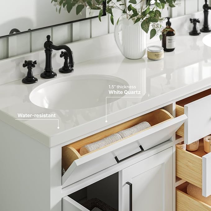 ARIEL Hepburn 72-inch Bathroom Vanity with Sink,Solid Wood, 1.5-inch Pure White Quartz Countertop & Backsplash, Double Oval Porcelain Sink, 4 Soft Closing Doors, 6 Dovetail Drawers, White