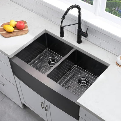 33 Inch Black Double Bowl Divided 50/50 Farmhouse Sink, 33x21 Gunmetal Black Stainless Steel Undermount Apron Front Farm Kitchen Sink