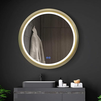 36 Inch Round LED Mirror for Bathroom, Gold Metal Frame Lighted Vanity Mirror with 3 Color Modes, Touch Dimmer - Anti-Fog Wall Mounted Circle Mirror with Lights - Fab Glass and Mirror