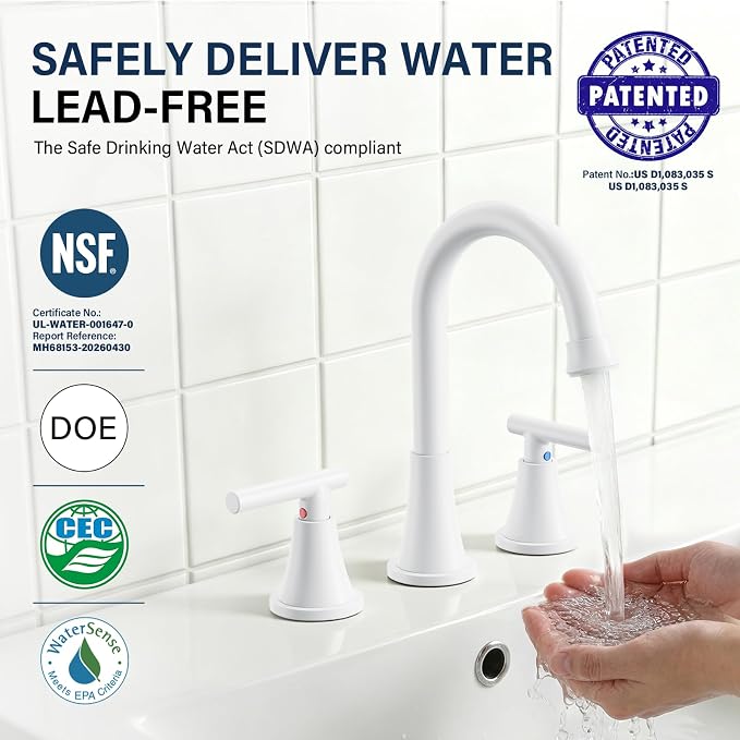 Bathroom Faucet 3 Hole, White Faucets with Pop-up Drain and Supply Lines | Hurran Stainless Steel Lead-Free Widespread Bathroom Sink Faucet for Vanity RV Restroom Laundry Outdoor Utility Sink