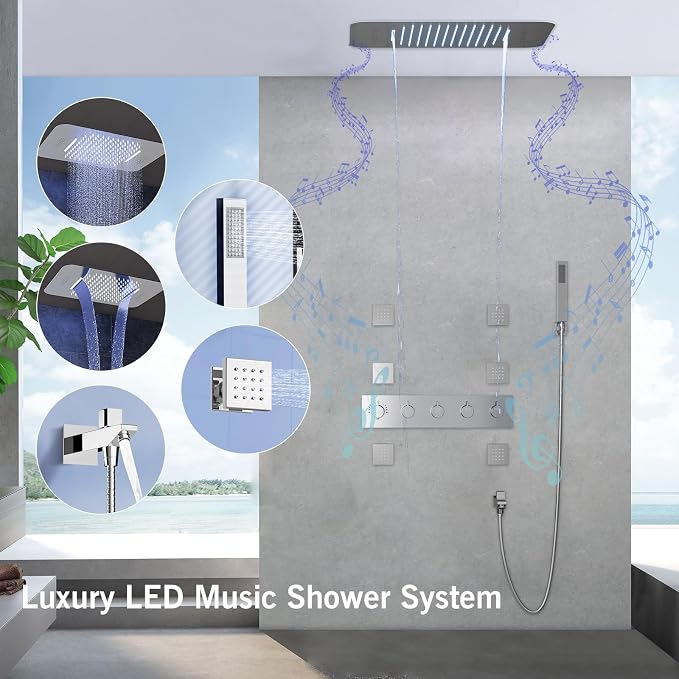 Full Body Shower System with Body Jets, Thermostatic Rain Waterfall Shower Head System, Luxury Ceiling Mount Multi Shower Head System with Handheld and Tub Spout, LED Music Overhead Shower