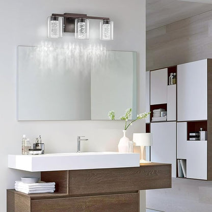 SineRise 3-Light Bronze Vanity Light with 3 Color Modes (3000K/4000K/6000K), Eye Protection LED Bathroom Light Fixture, Dimmable Modern Wall Light Over Mirror with Clear Glass Shade