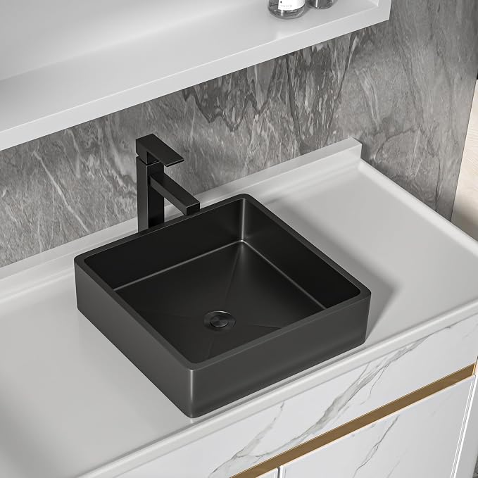 15"x15" Bathroom Vessel Sink Square - Gunmetal Black NANO-PVD, 16 Gauge 304 Stainless Steel, Above Counter Vanity Lavatory Art Bath Sink Basin