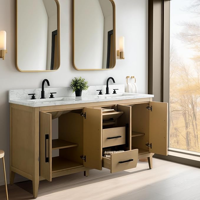 Vanity Art 60 inch Bathroom Vanity with Double Sink & Ceramic Top, Vanity Cabinet with Soft-Closing Doors, Drawers, Solid Wood Frame, Natural Oak, VVA9060-DNO-MB1