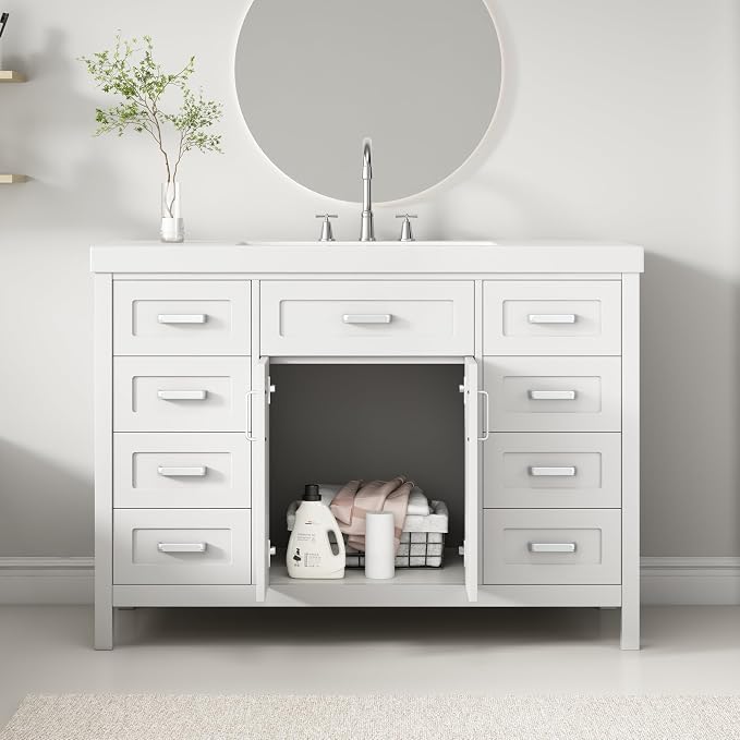 48" Single Bathroom Vanity with Sink Combo, Modern Bathroom Sink Cabinet with 2 Soft Closing Doors and 8 Drawers, Wood Vanity Set with Resin Basin, Freestanding, White