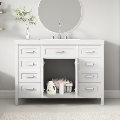 48" Single Bathroom Vanity with Sink Combo, Modern Bathroom Sink Cabinet with 2 Soft Closing Doors and 8 Drawers, Wood Vanity Set with Resin Basin, Freestanding, White