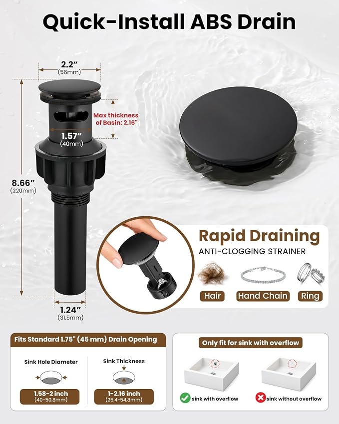 gotonovo 3 Hole 8’’ Widespread Bathroom Sink Faucet Matte Black | Vintage Bathroom Faucet,2 Cross Handle,6-16’’ Sink,Vanity,Basin,RV,Farmhouse,SUS304,24’’ cUPC Hose Pop Up Drain,Deck Mount
