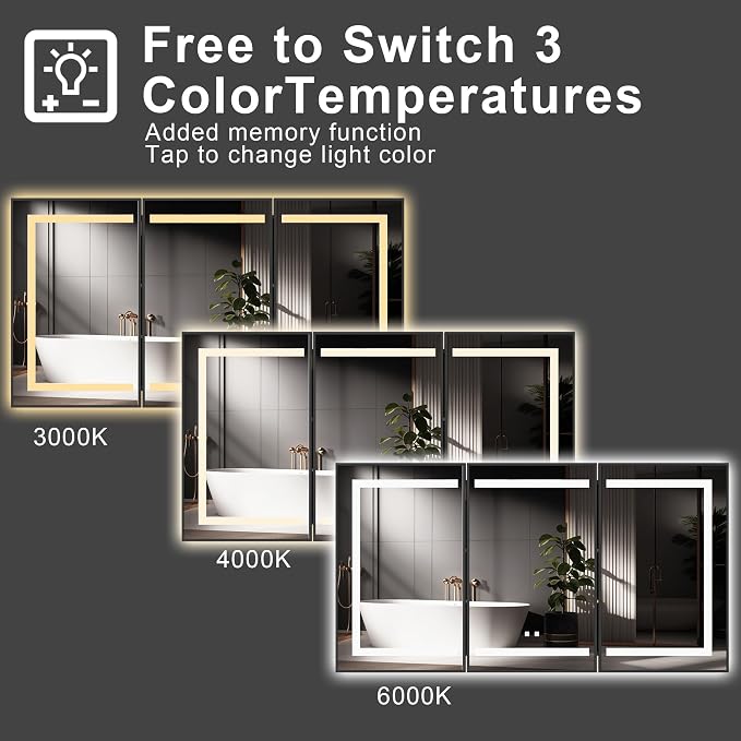 48 x 32 Inch LED Medicine Cabinet with Mirror, Recessed or Surface Mount, Soft Close Hinges, Adjustable Shelves, Black