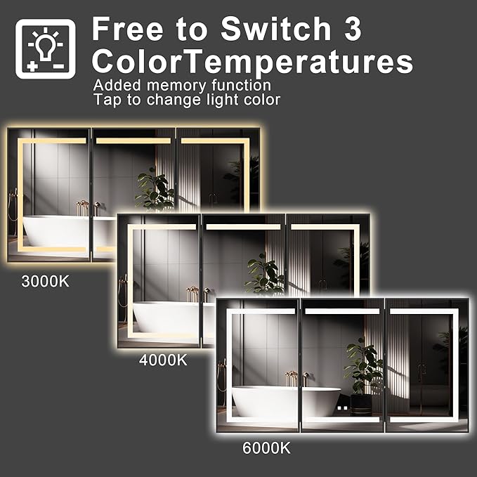 60 x 32 Inch LED Medicine Cabinet with Mirror, Recessed or Surface Mount, Soft Close Hinges, Adjustable Shelves, Black