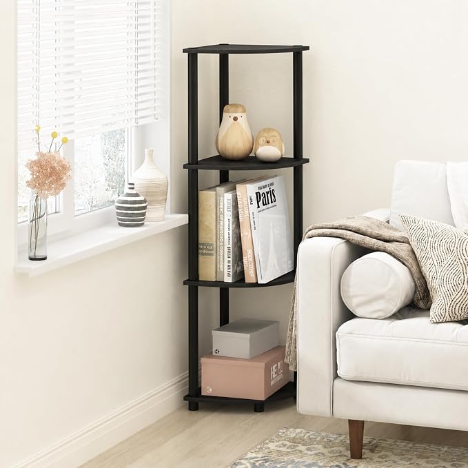 Furinno Turn-N-Tube Toolless Assembly 4-Tier Corner Shelf, Black Corner Book Shelf, Open Shelves Bookshelf, for Organization and Storage, Living Room, Home Office, Bedroom, Black Espresso