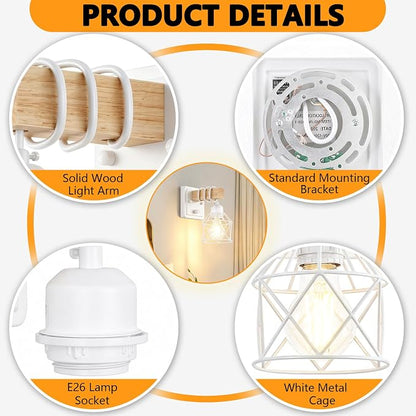 FadimiKoo Wall Sconces Set of Two, Farmhouse Hardwired White Wall Lamps with Wooden Arm & On/Off Dimmable Switch, Modern Bathroom Light Fixtures with Metal Shade for Living Room, Hallway, Bedroom