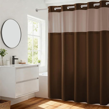 RiverDream Heavyweight Waffle No Hook Shower Curtain with Liner,Brown,71x74 | Dotted Waffle,Snap-in Liner,Heavy Duty,Quick Dry,Mesh Top Window,With Bottom Magnets,Hotel-Grade,Washable,Standard Size