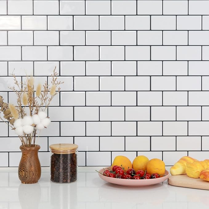 STICKGOO Subway Tile Peel and Stick Backsplash, Thicker Design 12" x 12" Stick on Backsplash Tiles for Kitchen, Bathroom, Wall Tile (10 Sheets, Cold White with Black Grout)