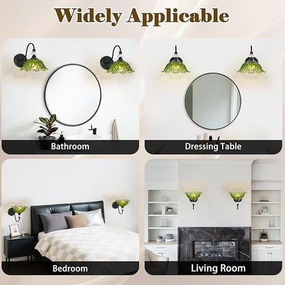 1 Piece Black Wall Sconce with Floral Green Glass Shade, Black Farmhouse Wall Mount Lighting for Bathroom,Vintage Bathroom Vanity Light Fixture