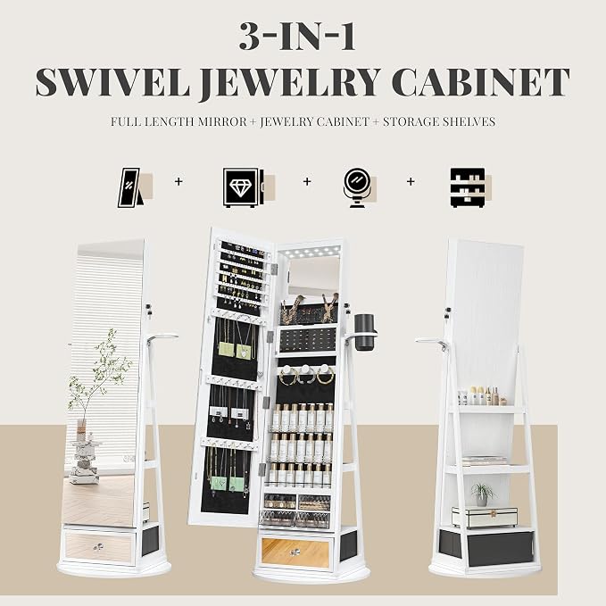 Mirror Jewelry Cabinet Standing, 360° Swivel Jewelry Armoire | with Drawer LED Lights, Lockable Jewelry Organizer with Storage Shelves