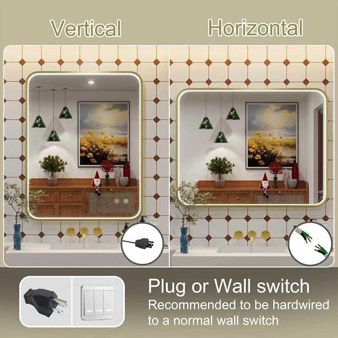 36"x30" Gold LED Bathroom Mirror with Lights,3000K/4500K/6000K | Stepless Dimmable, Anti-Fog, Memory Function, Aluminum Frame Wall Mount Lighted Vanity Mirror, ETL Listed, IP54 Waterproof