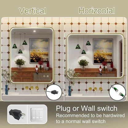 36"x30" Gold LED Bathroom Mirror with Lights,3000K/4500K/6000K | Stepless Dimmable, Anti-Fog, Memory Function, Aluminum Frame Wall Mount Lighted Vanity Mirror, ETL Listed, IP54 Waterproof