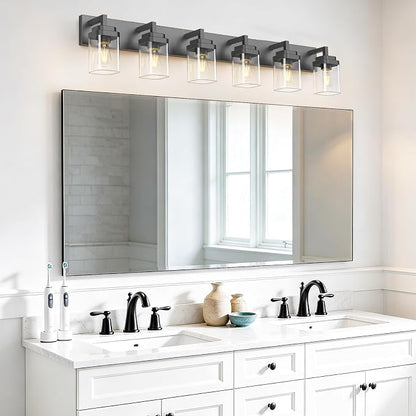 Matte Black Bathroom Light Fixtures, Modern Vanity Lights with Clear Glass Lamp Shade, Bathroom Lighting Fixtures Over Mirror, Restroom Vanity Lighting Fixture, 6-Light 46 Inch