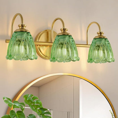 Bathroom Light Fixtures (3-Light), Vintage Brushed Gold Vanity Lights for Bathroom with Green Tulip Crystal Glass Shade, Vanity Wall Light Over Mirror for Bedroom Living Room Hallway