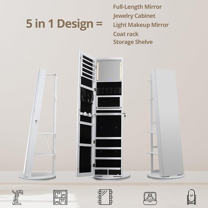 IRONCK 360° Swivel Jewelry Cabinet with Full-Length Mirror, Power Outlet | Lockable Standing Jewelry Organizer with Rear Storage Shelves, Interior Mirror, LED Lights, White
