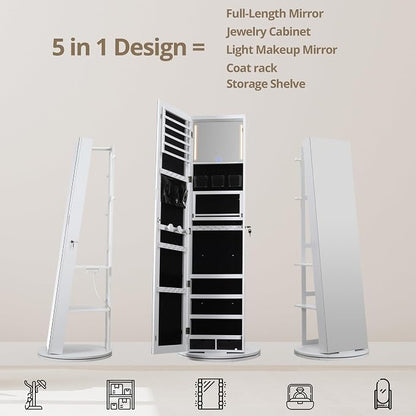 IRONCK 360° Swivel Jewelry Cabinet with Full-Length Mirror, Power Outlet | Lockable Standing Jewelry Organizer with Rear Storage Shelves, Interior Mirror, LED Lights, White