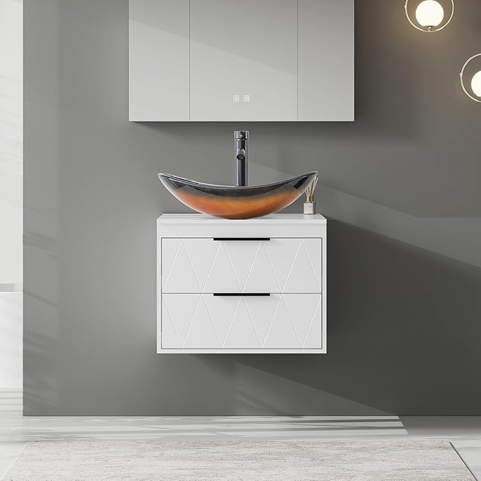 eclife 24" Floating Bathroom Vanities with Sink Combo, Wall Mounted Modern Cabinet W/Diamond Line Pattern Design, Brown Boat Glass Vessel Sink W/Water Save Faucet & Pop Up Drain, White