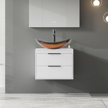 eclife 24" Floating Bathroom Vanities with Sink Combo, Wall Mounted Modern Cabinet W/Diamond Line Pattern Design, Brown Boat Glass Vessel Sink W/Water Save Faucet & Pop Up Drain, White
