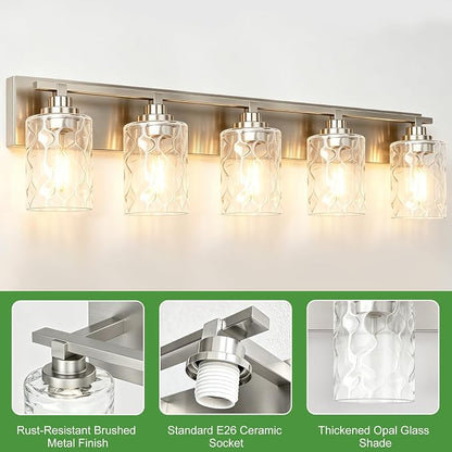 Modern Bathroom Lighting Fixtures Over Mirror, Vanity Lights for Bathroom, Wall Sconces with Clear Glass Shades, E26 Ceramic Socket, 5-Light 35.4-inch Brushed Nickel