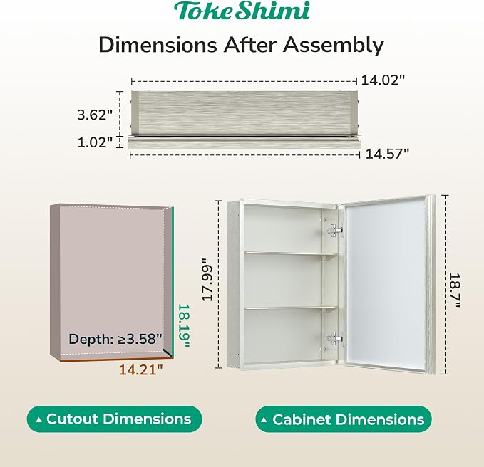 14 x 18 Medicine Cabinet for Bathroom, Assembly Required, Brushed Nickel Medicine Cabinet with Mirror, Stepless Adjustable Shelves, Tempered Glass, Beveled Aluminum Frame
