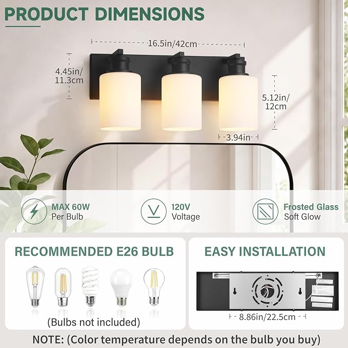 Bathroom Vanity Light, Modern 3 Light Bathroom Light Fixture Over Mirror | Light Fixture Over Sink with White Glass Shade, Black Vanity Lights for Bathroom, E26 Base, 16.5 inch (Bulbs Not Included)