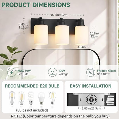Bathroom Vanity Light, Modern 3 Light Bathroom Light Fixture Over Mirror | Light Fixture Over Sink with White Glass Shade, Black Vanity Lights for Bathroom, E26 Base, 16.5 inch (Bulbs Not Included)